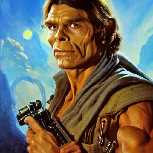 Image similar to ultra realistic portrait painting of skeletor as han solo, art by frank frazetta, 4 k, ultra realistic, highly detailed, epic lighting