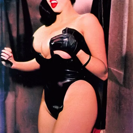 Prompt: a high def photo of Jessica Alba as Betty page as a Dominatrix in pause looking in shock and awe at her own bust that has just expanded to a 48GG from her normal C cup, vintage color photo, high detail, s&m setting