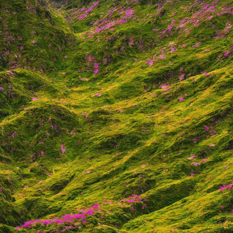 Image similar to valley of flowers with high and small monoliths, humans, renaissance style, film grain, high detailed,