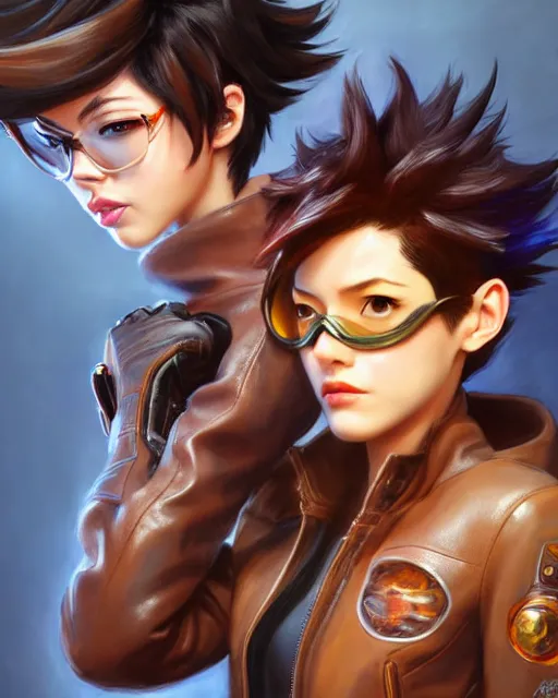 Prompt: tracer and mei wearing a leather jacket, perfect face, cinematic, stunning, cute, adorable, strong, highly detailed, psychedelic, digital painting, artstation, smooth, hard focus, illustration, art by jessica rossier and and brian froud