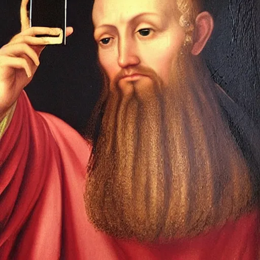 Image similar to renaissance oil painting, monk prophet holding the holy iphone mobile phone of god taking a selfie