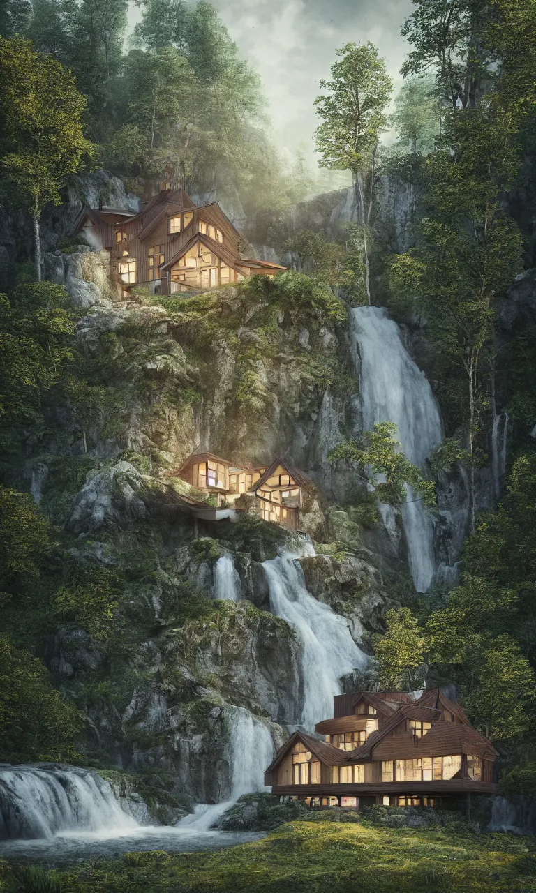 Image similar to beautiful large scandinavian house in the forest on a hill, a large waterfall flows down from the mountain in the background, octane render, fabulous, hyper detailed, random cinematic view, no noise, global illumination, warm lighting, volumetric, godrays, vivid, by jordan grimmer