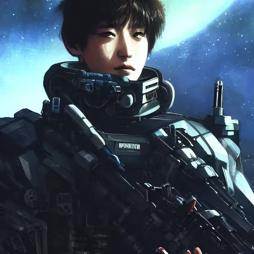 Image similar to award winning, extremely photorealistic, bokeh, beautiful detail, stars in the sky, cybernetic, sci-fi space game art, jeon Jungkook holding a gun. alien planet art by Akihito Yoshitomi AND Yoji Shinkawa AND Greg Rutkowski, Mark Arian trending on artstation