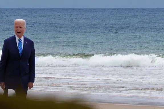 Prompt: a far away shot of Joe Biden standing in the ocean