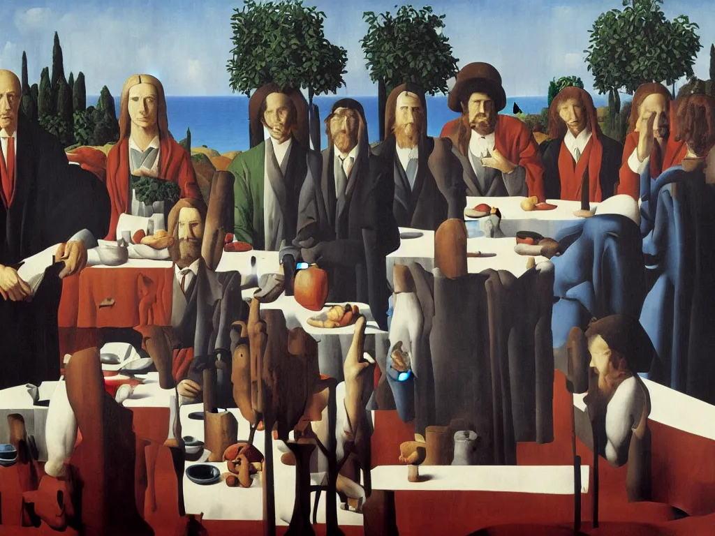 Image similar to last supper painting magritte, renaissance, american gothic