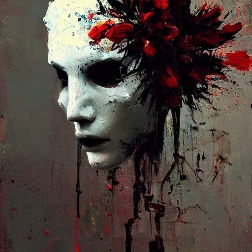 Image similar to a painting by jeremy mann of a white robot head with flowers growing out, highly detailed, color bleeding, pixel sorting, plain black background, studio lighting, high contrast, bold composition, abstract paint color splotches