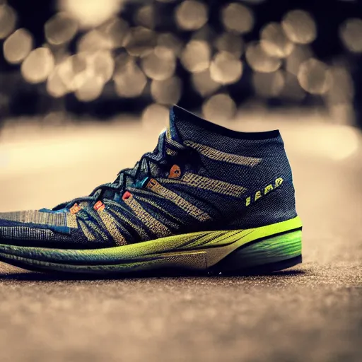 Prompt: high quality presentation photo of running shoes cyberpunk , photography 4k, f1.8 anamorphic, bokeh, 4k, Canon, Nikon