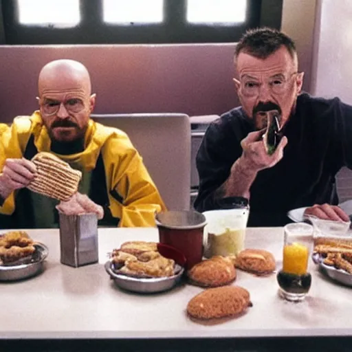 Prompt: walter white and jesse pinkman eating hamburger