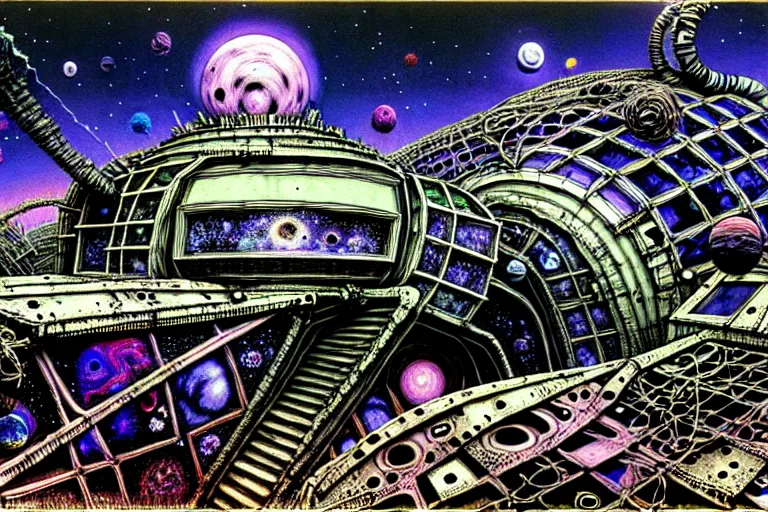 Image similar to ian miller, rotten space station, floating in psychedelic space nebula, highly detailed