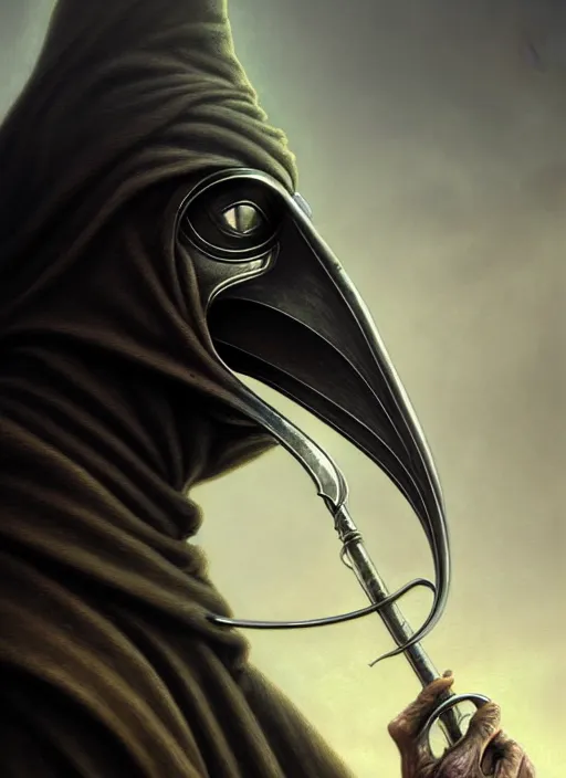 Image similar to closeup portrait shot of a plague doctor in a scenic dystopian environment, intricate, elegant, highly detailed, centered, digital painting, artstation, concept art, smooth, sharp focus, illustration, artgerm, tomasz alen kopera, peter mohrbacher, donato giancola, joseph christian leyendecker, wlop, boris vallejo