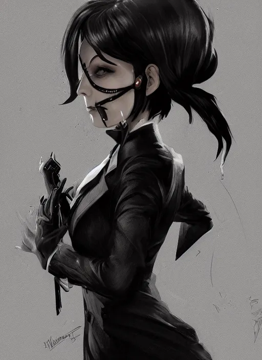 Image similar to a highly detailed illustration of beautiful short black messy haired woman wearing eyepatch!!! and noir style suit and tie, dramatic smiling pose, intricate, elegant, highly detailed, centered, digital painting, artstation, concept art, smooth, sharp focus, league of legends concept art, WLOP