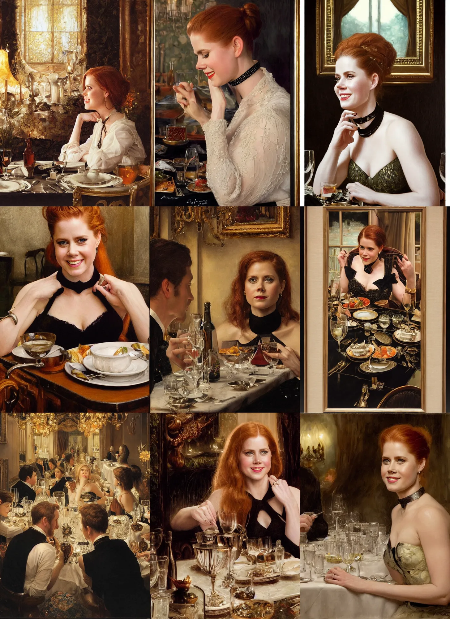 Prompt: dinner with amy adams smiling sitting across the camera wearing a black choker staring into the camera in an expensive private restaurant, 1 9 8 0, intricate, elegant, tasteful, highly detailed, shallow depth of field, artgerm, donato giancola, joseph christian leyendecker