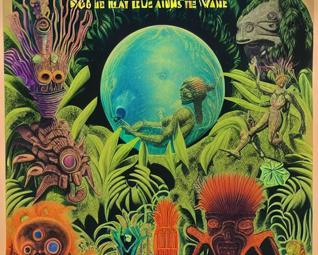 Prompt: 1968 science fiction movie poster, cut out, classic mayan mythology, break of dawn on Venus, epic theater, deep jungle creatures, aquatic plants, drawings in style of Terry Gilliam, composition William S Boroughs, written by Michael Ende