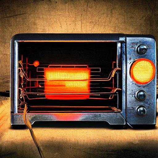 Image similar to toaster oven hangig by metallic cables, symmetry, dark messy smoke - filled cluttered workshop, dark, dramatic lighting, orange tint, sparks, cinematic, highly detailed, sci - fi, futuristic, movie still