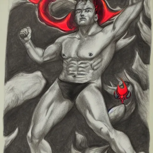 Image similar to full body drawing by Luke Starkie of a muscled horned Satan Devil , swimming tuxedo, red flames in background