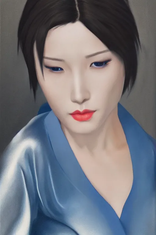 Prompt: hyperrealism close - portrait of ada wong, wearing silver silk robe, blue palette