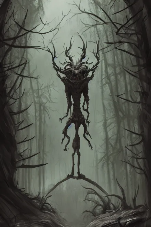 Prompt: a creepy looking creature standing in the middle of a forest, concept art by senior character artist, featured on artstation, shock art, apocalypse art, concept art