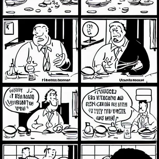 Image similar to A black and white comic strip about a large man making an order at a restaurant