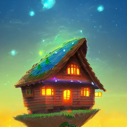 Prompt: beautiful 3 d painting of a colourful house on a hilltop at midnight with small fireflies flying around, breath of the wild, hyrule, inspired by cyril rolando, david wiesner, artstation, unreal engine