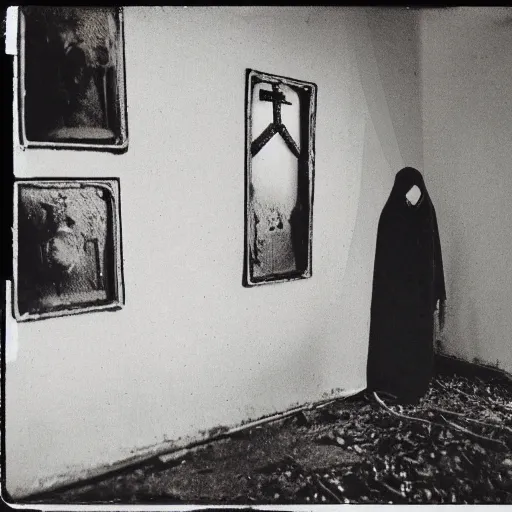 Image similar to creepy lovecraftian priest in abandoned building, occult themes, crosses on wall, dark,scary, polaroid picture 1980