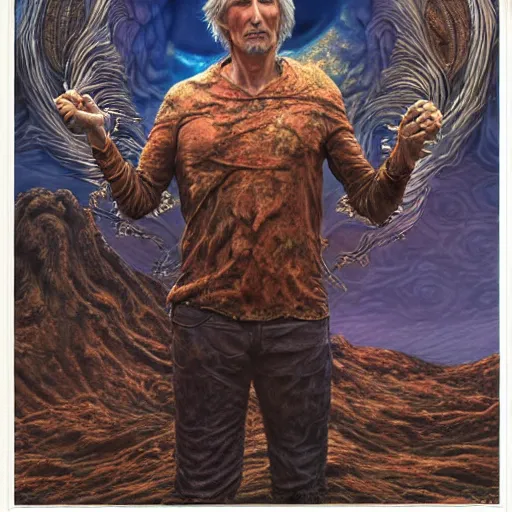 Prompt: A beautiful detailed tarot card of Roger Waters, by  tomasz alen kopera and Justin Gerard, symmetrical features, ominous, magical realism, texture, intricate, ornate, royally decorated, whirling smoke, embers, red adornements, red torn fabric, radiant colors, fantasy, trending on artstation, volumetric lighting, micro details, 3d sculpture, ray tracing, 8k, anaglyph effect