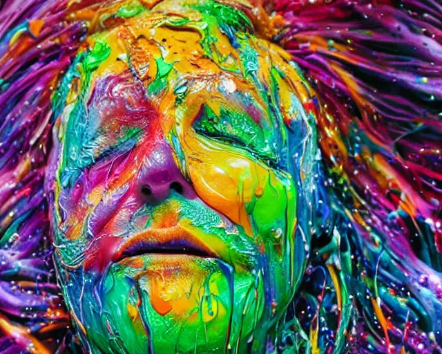 Image similar to still shot close up footage of the portrait of a human head exploding and disintegrating into acrylic pour and splashing paint and dripping paint, painful emotions, motion blur, hyperrealistic, medical, intricate art photography, anatomically correct, realistic crisp textures, 1 6 k