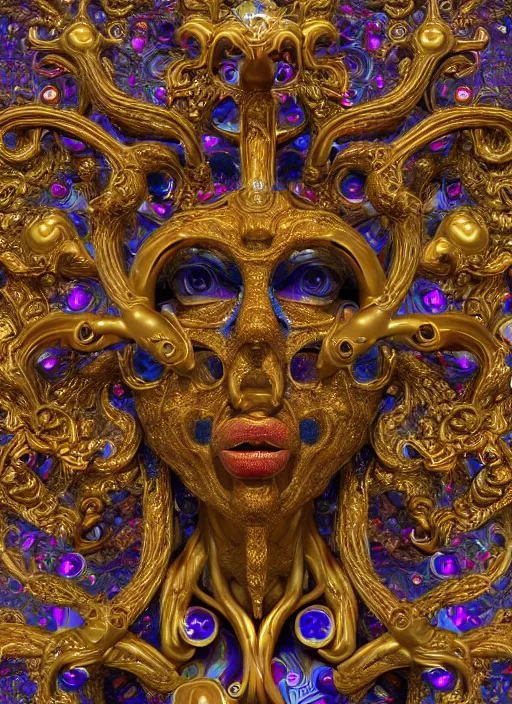 Image similar to a magnificent being with multiple eyes and organic limbs made of colorful crystals light and golden baroque ornaments by alex gray, 3D, 8k resolution