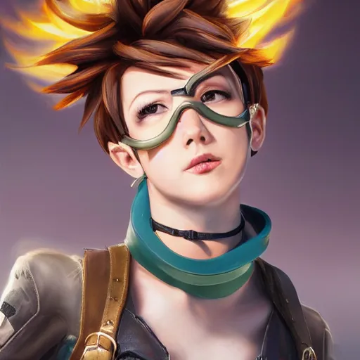 Prompt: oil painting of tracer overwatch in a field wearing large leather belt choker collar around neck, in style of mark arian, expressive face, detailed face, detailed eyes, full body, feminine face, tracer overwatch,