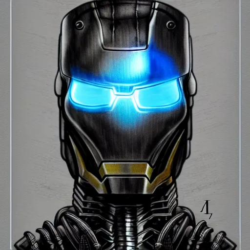 Image similar to steampunk, H.R. Giger design of Iron Man, showing full face and body, drawing on pencil, ornate, details, smooth, sharp focus, illustration, realistic, cinematic, artstation, award winning, rgb, ethereal blue lighting, 8K, H 1088