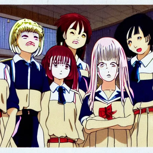 Image similar to screenshot from guro anime, 8 0's horror anime, yellowed grainy vhs footage with noise, four schoolgirls trapped in a bathroom, bathroom stalls and sinks and tiled floor, girls are in beige sailor school uniforms, one girl has white hair, detailed expressive faces, various hair colors and styles, in the style of studio ghibli,