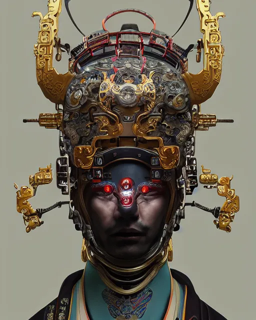 Image similar to portrait of a masculine male cyberpunk machine, machine face, upper half portrait, decorated with chinese opera motifs, asian, fine china, wuxia, traditional chinese art, intricate, elegant, highly detailed, symmetry, headpiece, digital painting, artstation concept art smooth sharp focus, illustration, art by artgerm and greg rutkowski alphonse mucha 8 k