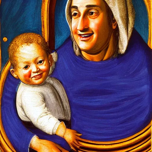 Image similar to painting benjamin netanyahu smiling while being held by his mother, tempera on wood, crevole madonna inspired, by duccio