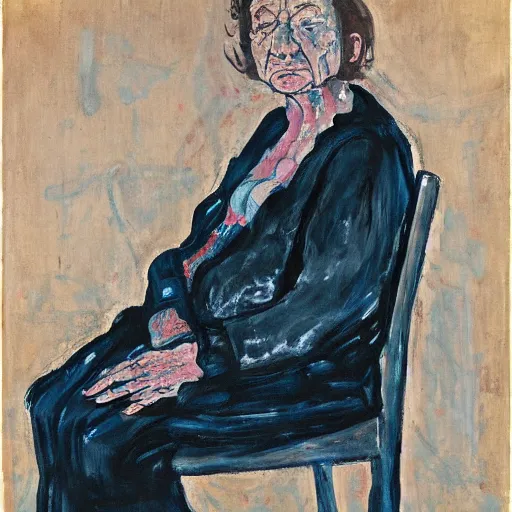 Prompt: painting of an old woman sitting on a chair, staring at you, by georg baselitz