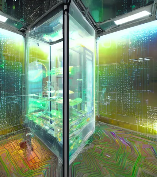 Prompt: cyberpunk bioremediation in a vertial container made of prism glass