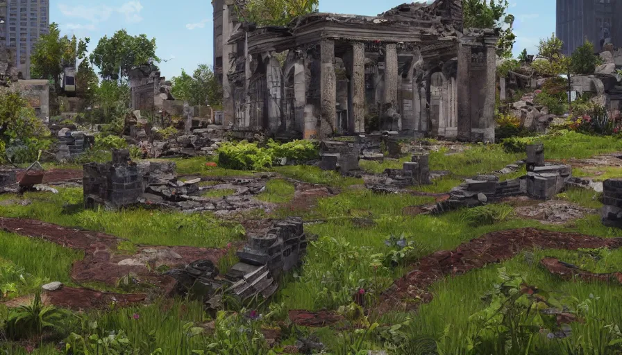 Image similar to craft garden built in destroyed washington dc's ruins, sunny day, hyperdetailed, artstation, cgsociety, 8 k