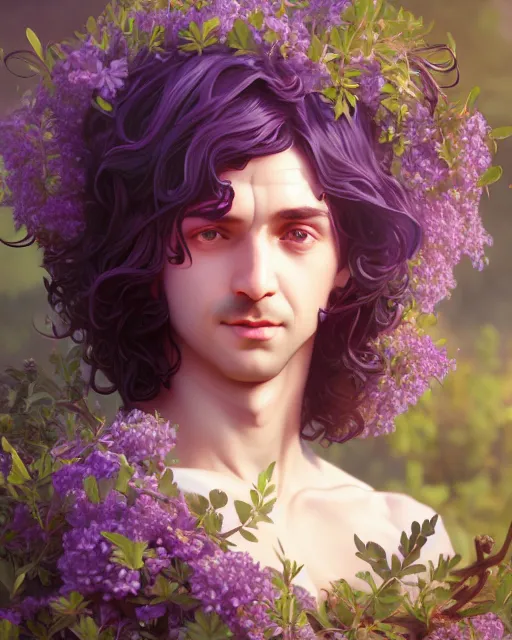 Prompt: cute dionysus, purple greek robe, long curly black hair, meadow, very detailed, ornate fig leaves, character illustration, soft lighting, octane render, greg rutkowski, alphonse mucha, sung choi, rossdraws, 8 k, vibrant