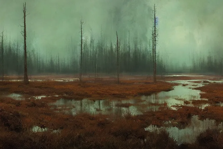 Image similar to painting of estonian bog landscape, by jeremy mann and greg rutkowski, dramatic, cinematic light, green, brown, blue, oil on canvas