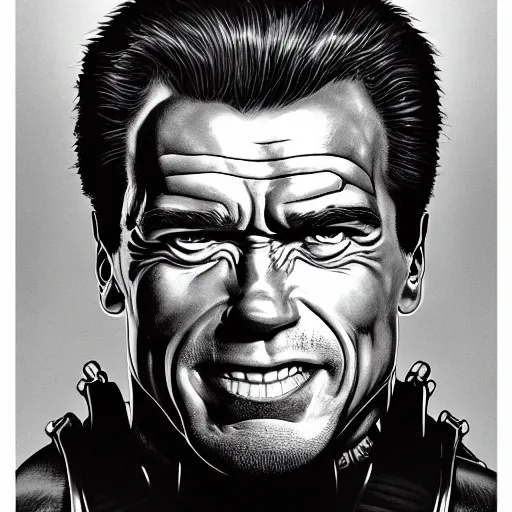 Prompt: portrait of arnold schwarzenegger, excited, symmetrical, by yoichi hatakenaka, masamune shirow, josan gonzales and dan mumford, ayami kojima, takato yamamoto, barclay shaw, karol bak, yukito kishiro