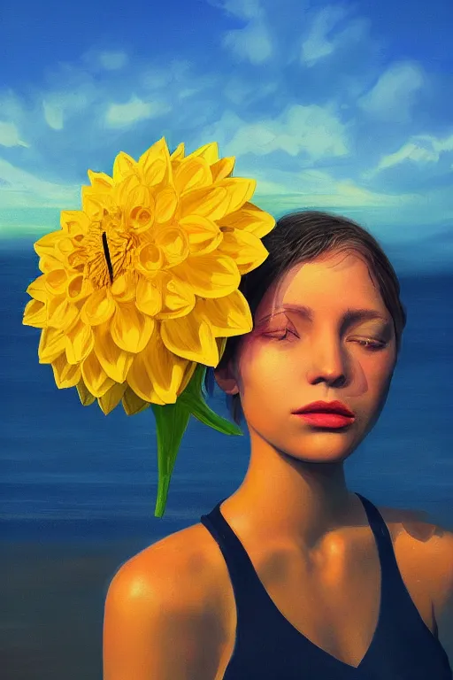 Prompt: closeup girl with huge yellow dahlia flower on face, on beach, surreal photography, blue sky, sunrise, dramatic light, impressionist painting, digital painting, artstation, simon stalenhag