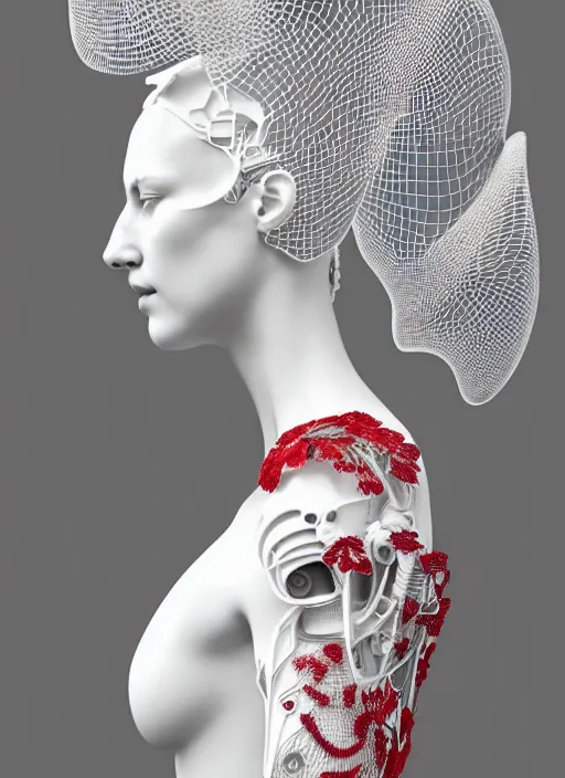 Image similar to complex 3d render ultra detailed of a beautiful porcelain profile young woman face, biomechanical cyborg, 200 mm lens, beautiful studio soft light, rim light, silver white gold red details, magnolia big leaves achromatic and stems, roots, fine foliage lace, mesh wire, Alexander Mcqueen high fashion haute couture, art nouveau fashion embroidered, intricate details, hyper realistic, ultra detailed, mandelbrot fractal, anatomical, facial muscles, cable wires, microchip, elegant, octane render, H.R. Giger style, 8k post-production, trending on Artstation