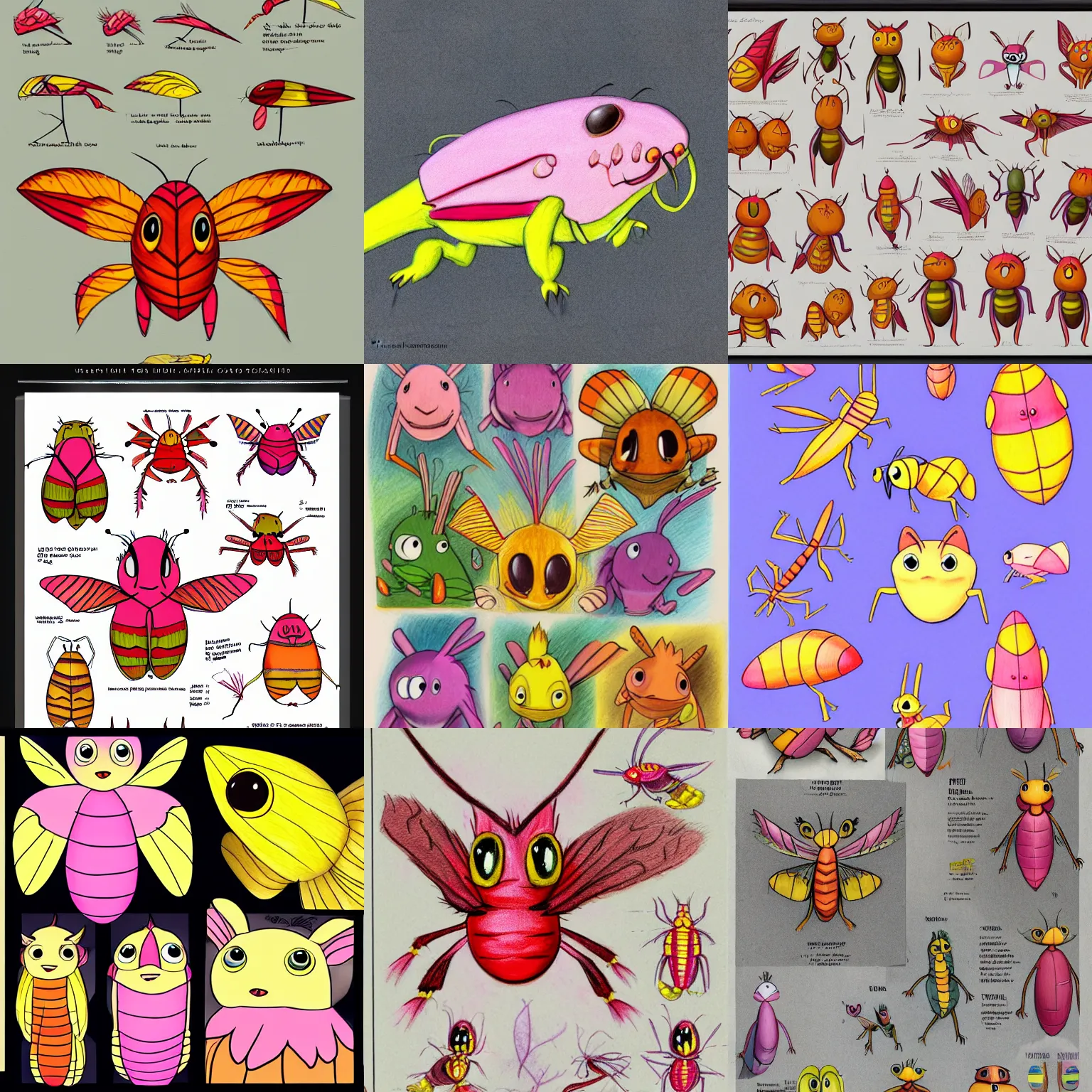 Prompt: character design sheets of an anthro cartoon rosy maple moth in the calarts art style, art by tim burton, art by vivienne medrano, 2 d, colored pencils, drawing sketches, creative, unique, high quality, real life, cinematic shot