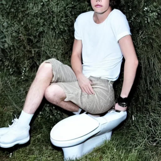 Prompt: harry styles sat on the toilet in the middle of a field