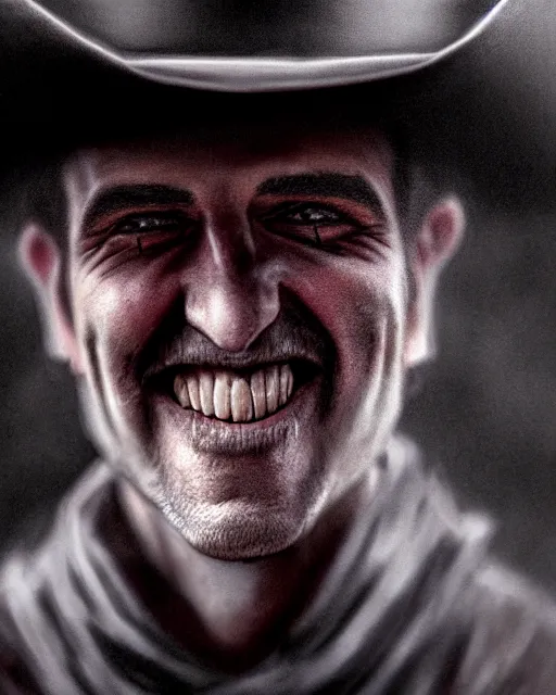 Prompt: portrait of a cursed smiling cowboy, matte painting, ultra realistic, western, weird west, gothic horror, highly detailed, hd, sharp focus, cinematic lighting, shaded, mood lighting, realistic, vivid colors, dark atmosphere, gloomy, morose, macabre, painting, photorealistic, digital art, non blurry, sharp, smooth, illustration