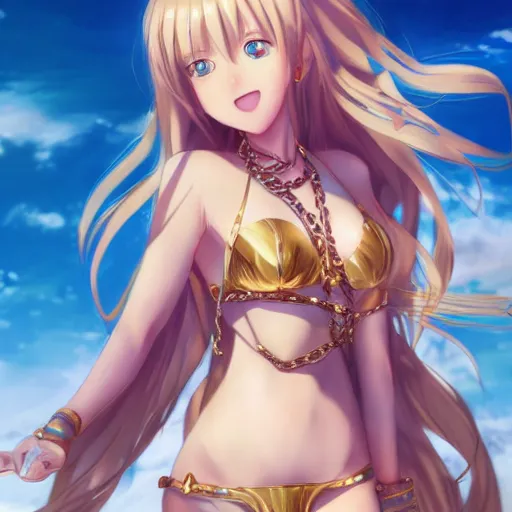 Image similar to a very beautiful young yuuki asuna, full body, long wavy blond hair, sky blue eyes, full round face,, shiny golden bikini, hands in chains, miniskirt, front shot, highly detailed, cinematic wallpaper by stanley artgerm lau