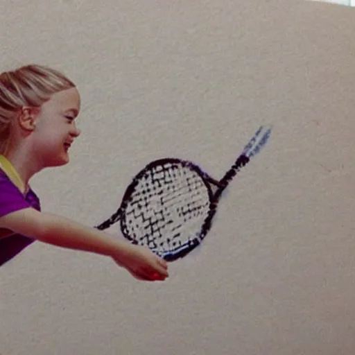 Image similar to elementary schooler drawing of Dakota Fanning playing tennis