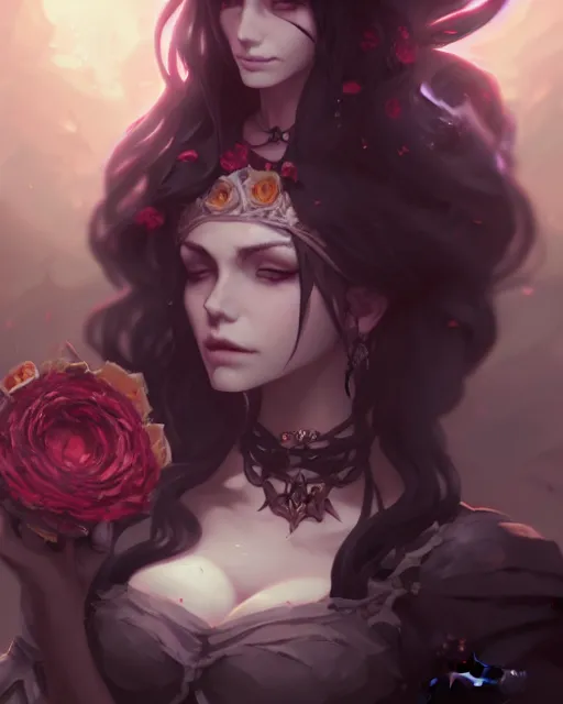 Image similar to dressed dark sorceress surrounded by skulls and roses, atmospheric, cushart krenz, very detailed, realistic face, detailed face, matte, tonemapping, bbwchan, perfection, 4 k, cushart krenz