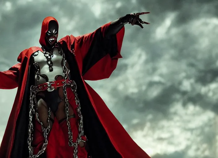 Image similar to film still of jamie foxx as spawn in the new spawn movie, giant chains, large cape, 8 k