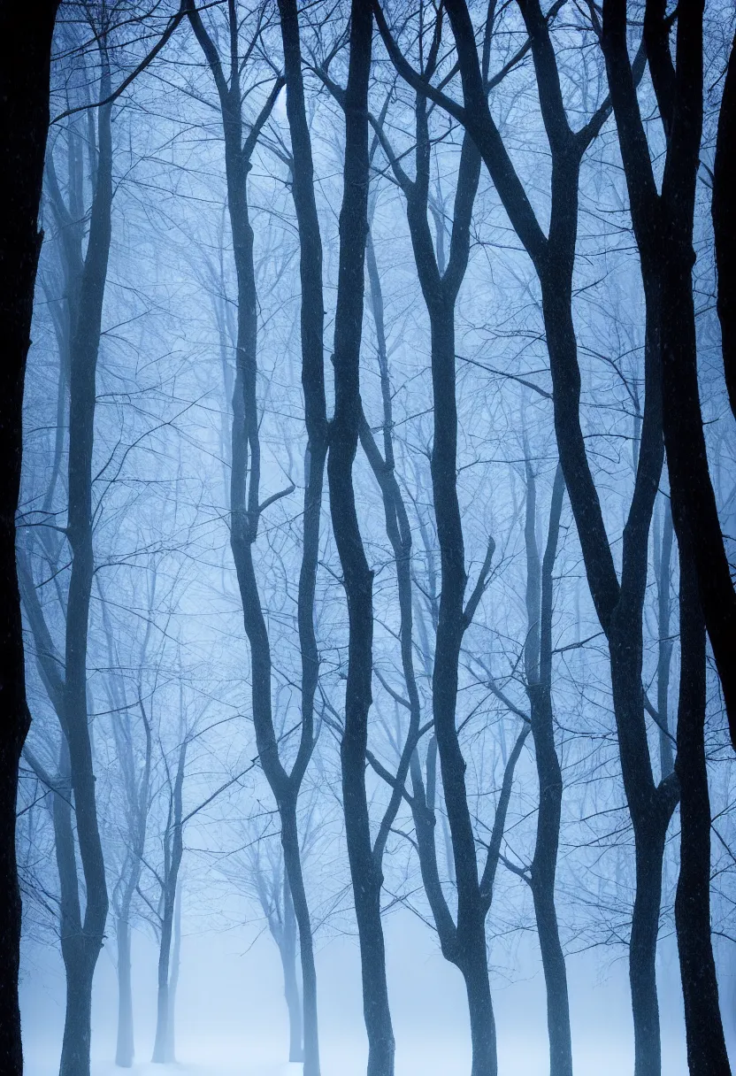 Image similar to eerie photo of a backlit path in the middle of a frozen winter morning spooky forest, treelined, fog, award winning photography, mystical, ultra high definition, ultra detailed,