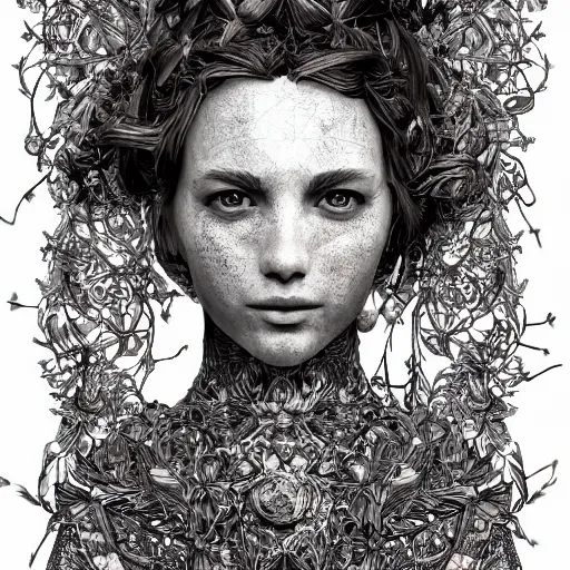 Image similar to the portrait of an incredibly beautiful woman made of potatoes roots and violets, an ultrafine detailed illustration by james jean, final fantasy, intricate linework, bright colors, behance contest winner, vanitas, angular, altermodern, unreal engine 5 highly rendered, global illumination, radiant light, detailed and intricate environment