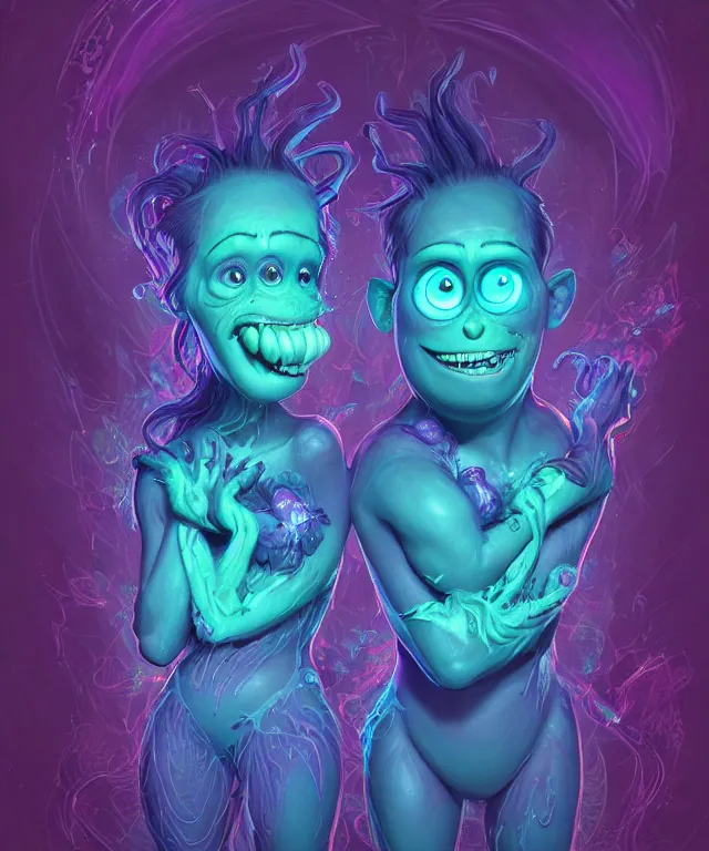 Prompt: a two headed xanathar made of bioluminescence in the art style of monsters inc, fantasy, elegant, crisp 8 k line art, digital painting, artstation, unreal engine, octane render, emissive lighting, concept art, matte, sharp focus, hyper realistic lighting, illustration, deep royal blue and pink color scheme, art by carne griffiths